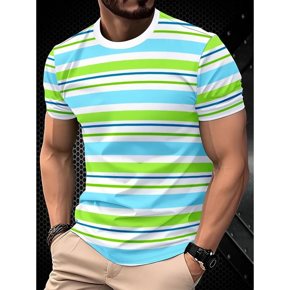 Fashionable Casual Comfortable Breathable Short Sleeved Round Neck T-shirt Summer Large Loose Creative Stripe Geometry 3D Printed Men's T-shirt