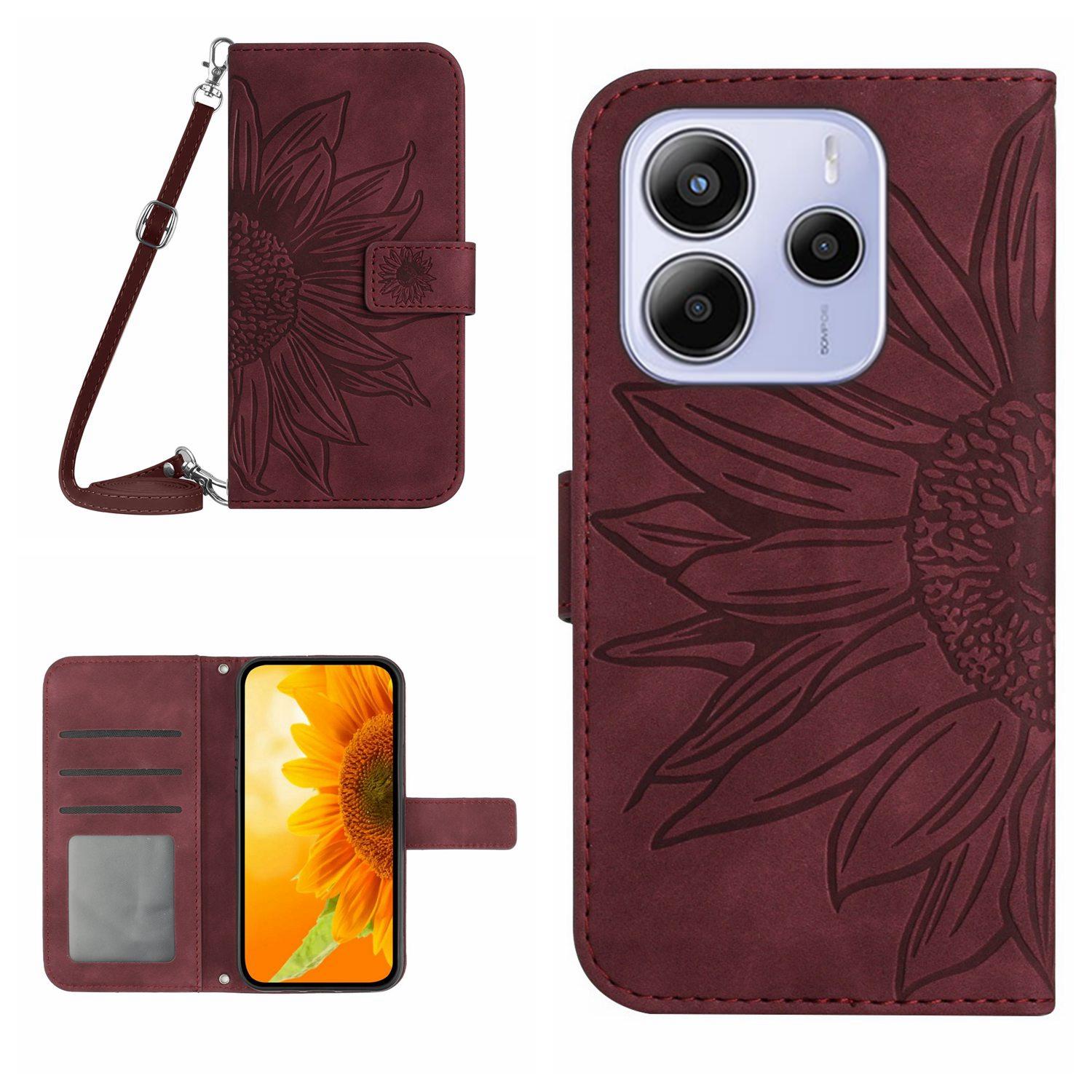

For Xiaomi Redmi Note 14 4G (163.25x76.55x8.16mm) Case Sunflower Imprint PU Leather Phone Cover with Long Strap Wine Red
