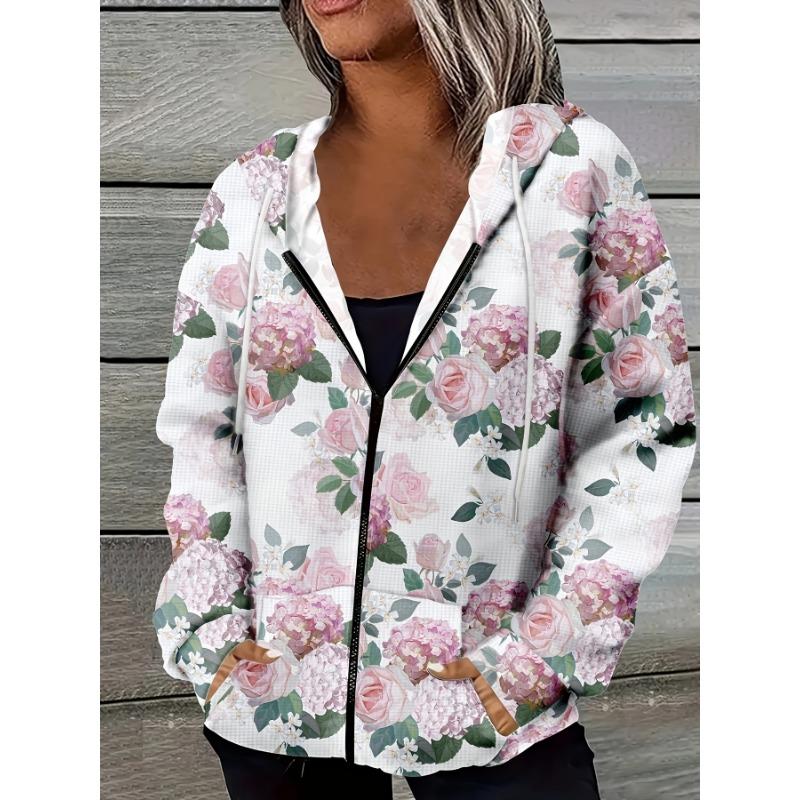 Printed Design Casual Style Pink Roses And Green Leaves Hooded Jacket