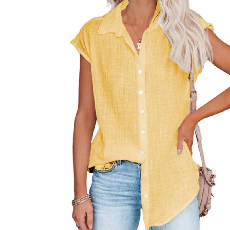 Camicetta da donna in lino di cotone tinta unita a maniche corte Camicie oversize con bottoni primavera estate Taglie forti Top lunghi con risvolto ampio
