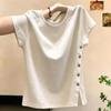 Summer Unique Chic Button Split Sweet Spice Short-sleeved T-shirt Women's Design Sense Niche Slim-fit Short Top Women