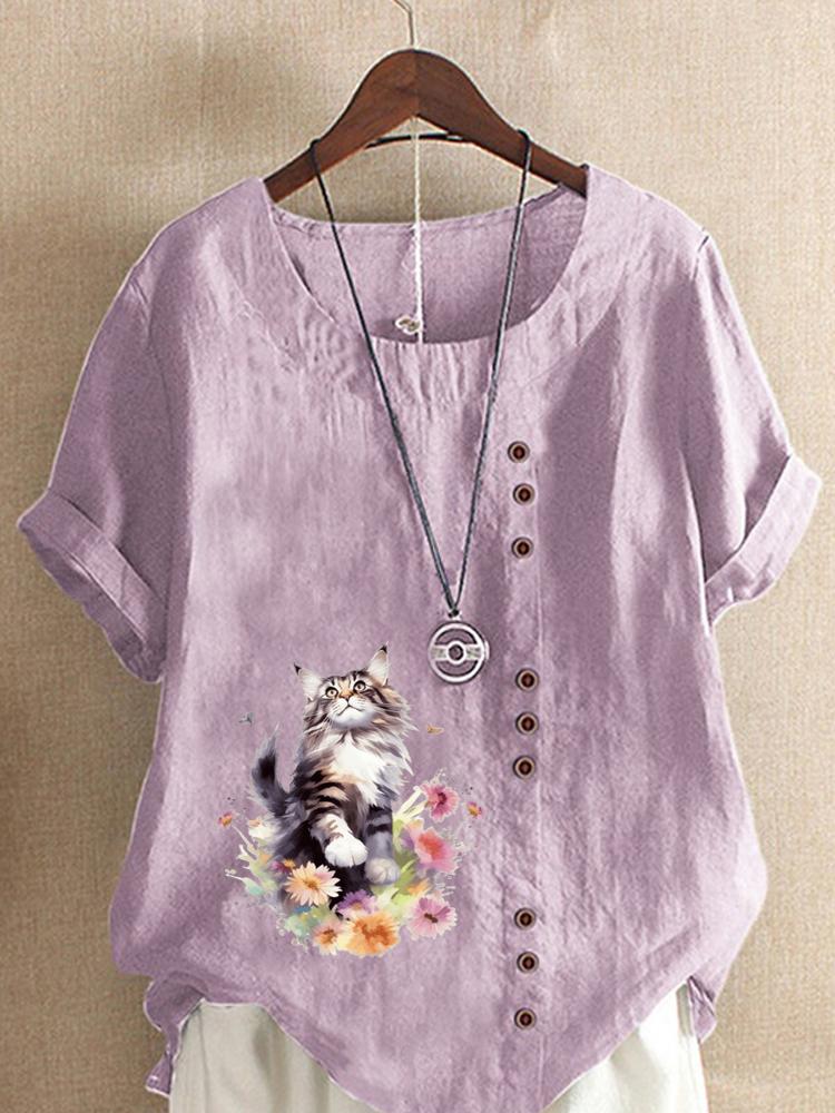 Women's Fashion Floral Cat Print Round Neck Short Sleeve T-shirt Casual Cotton Linen Graphic Shirt Leisure Loose Summer Blouse Tops