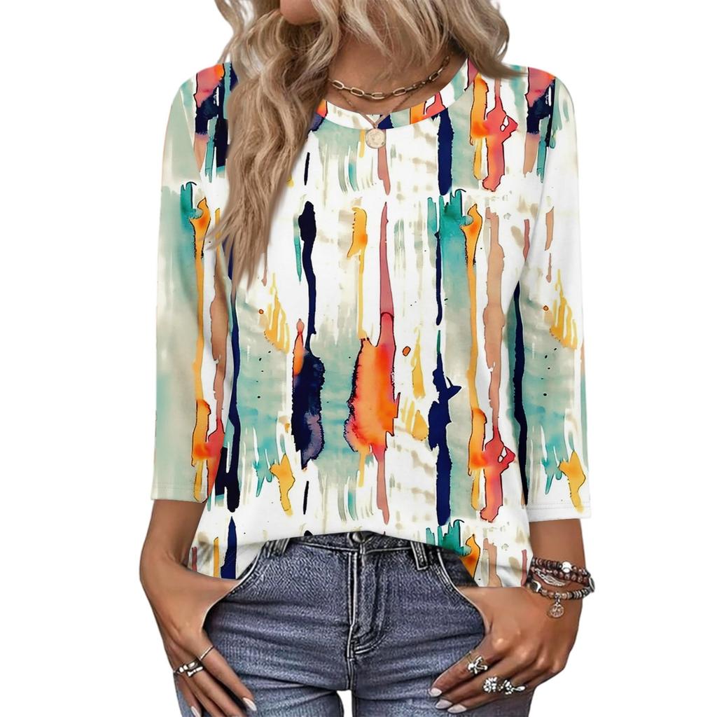 343/4 Sleeve Shirts For Women Cute Print Graphic Tees Blouses Casual Plus Size Basic Tops Pullover