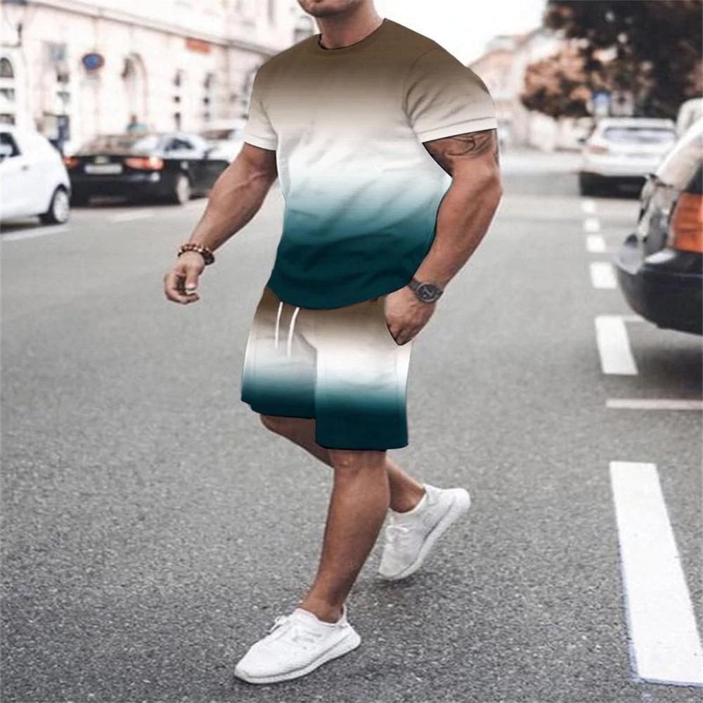 Summer Trend Fashion Men's Gradient Short-Sleeved Shorts Set 3D Print Retro Sports T-Shirt Two-Piece Men Streetwear Sportswear