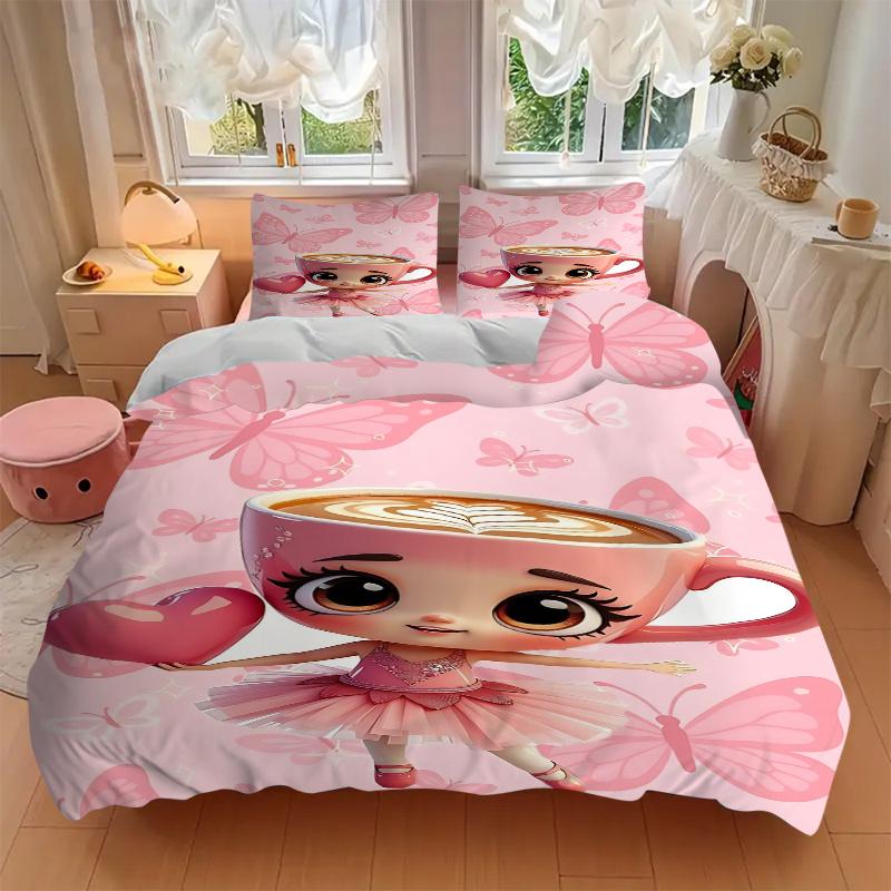 3pcs Pink Butterfly Latte Art Heart Home Decor Bedding Set-Universal Three-Piece Suit for Bedroom, Guest Room, Living Room, Hotel-Perfect Gi