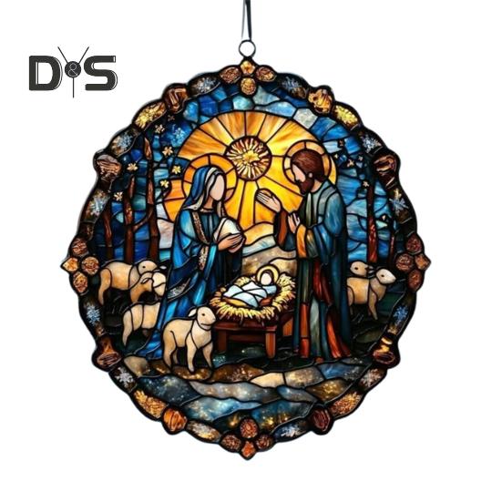 Weihnachtskrippe, handgefertigt, runder Sonnenfänger, Babys erstes Weihnachtsfest, christliches religiöses Geschenk für Baum, Fensterdekoration