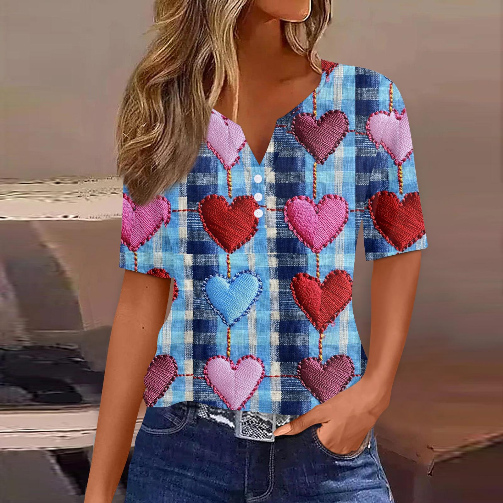 

Women s T Shirt Tee Valentine s Day Print Button Short Sleeve Tunic Daily Weekend Fashion Basic V, Neck Regular Top XXXL