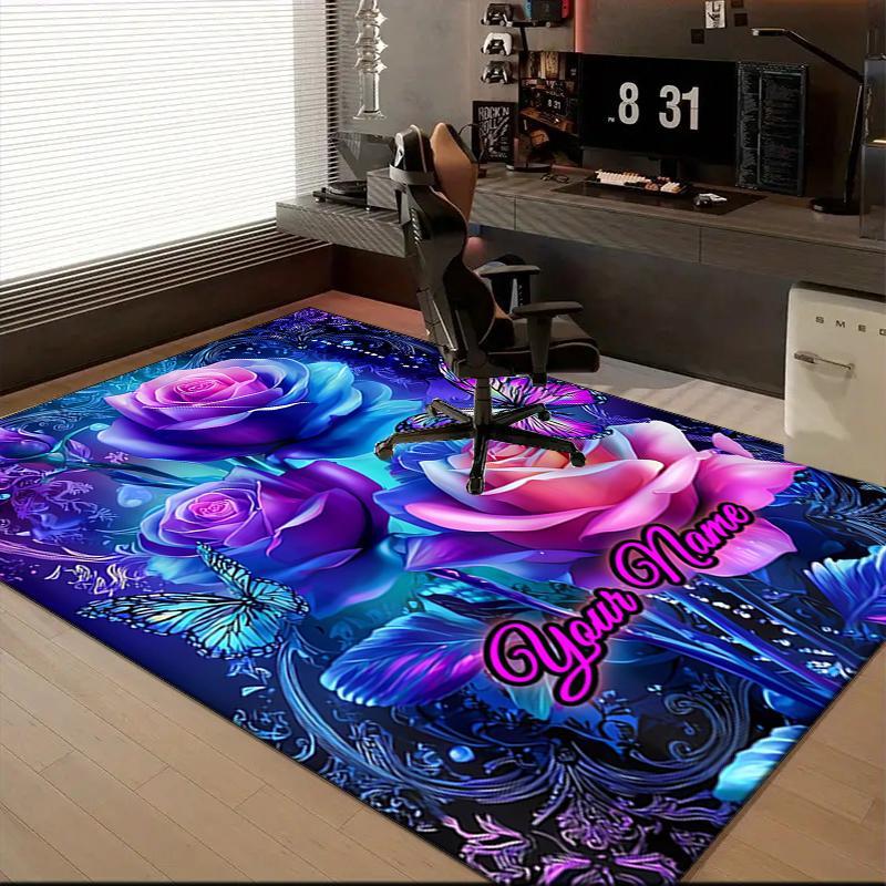 1PC Custom Name Floral Butterfly Art" Theme Floor Mat Ideal for Living Room, Game Rooms, Office, Bedroom,Floor Mat Playful Design