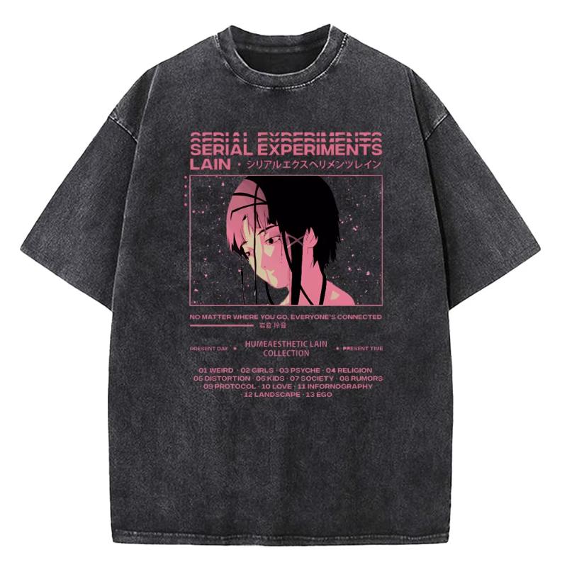 

japanese anime Serial Experiments Lain Vintage Washed T Shirt High Quality Manga Short Sleeve T Shirt Women XL