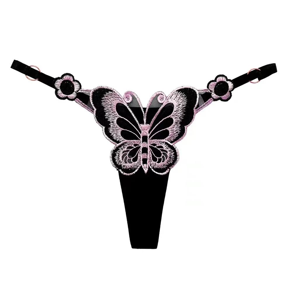 European Exquisite Butterfly Embroidered Thong Sweet Flower Perspective Lingerie Women Sexy Adjustable Briefs