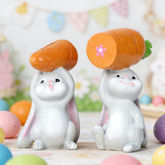 2Pcs Holding Carrot Rabbit Figurine Hand-Painted Carrying Radish Bunny Statue Resin Sculpture Easter Holiday Party Decoration Ornament