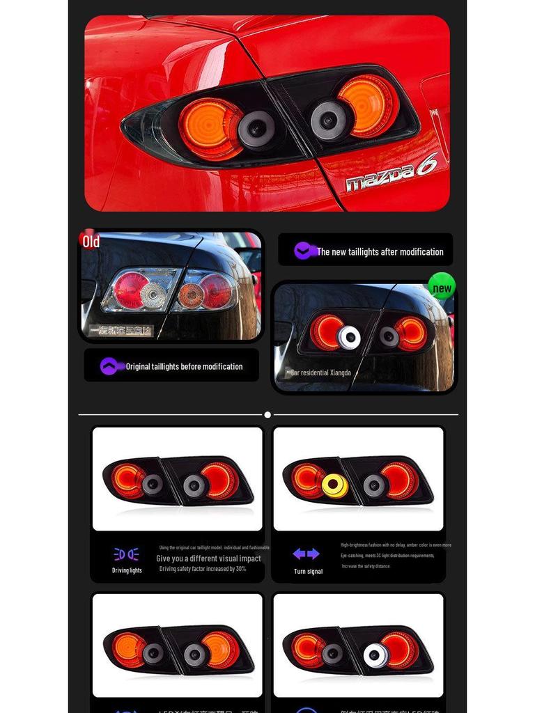 Compatible with 2003-2015 Mazda 6: Modified LED Rear Tail Lights with Daytime Running, Turn Signals, and Reverse Lights.