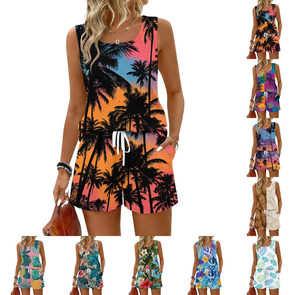 Women's Summer Casual Shorts Two-Piece Set, Hawaiian Print Vest, Square Neck Sleeveless Sports Shirt with Pockets
