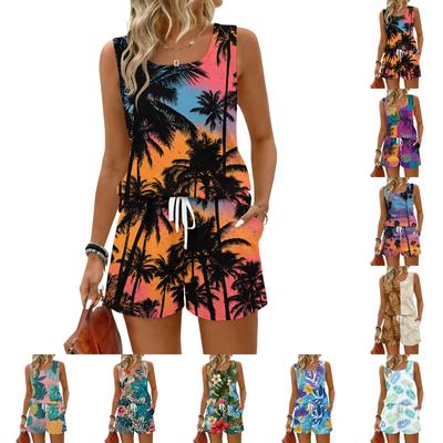 Women's Summer Casual Shorts Two-Piece Set, Hawaiian Print Vest, Square Neck Sleeveless Sports Shirt with Pockets
