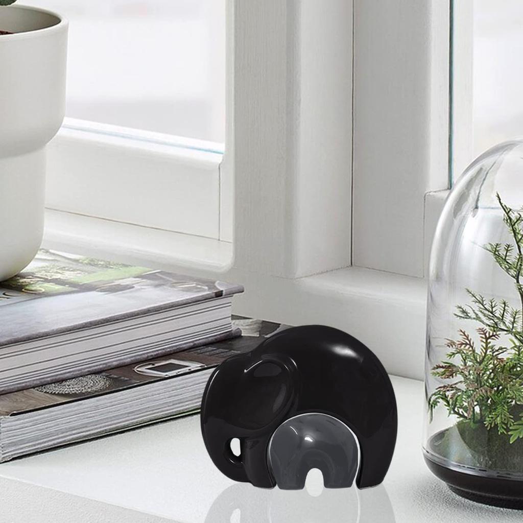 Home Décor Lucky Charm Elephant Mother & Kid | Piano Finish Ceramic Figures - (Set of 2 Piece, Black and Grey)