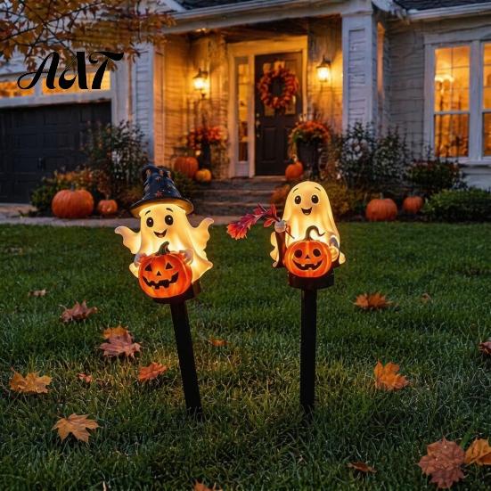 Outdoor Halloween Yard Decorations Solar Ghost Pumpkin Stake Light, LED Auto Light Sensor Garden Lamp, Waterproof Decorative Pathway Ground Lights for