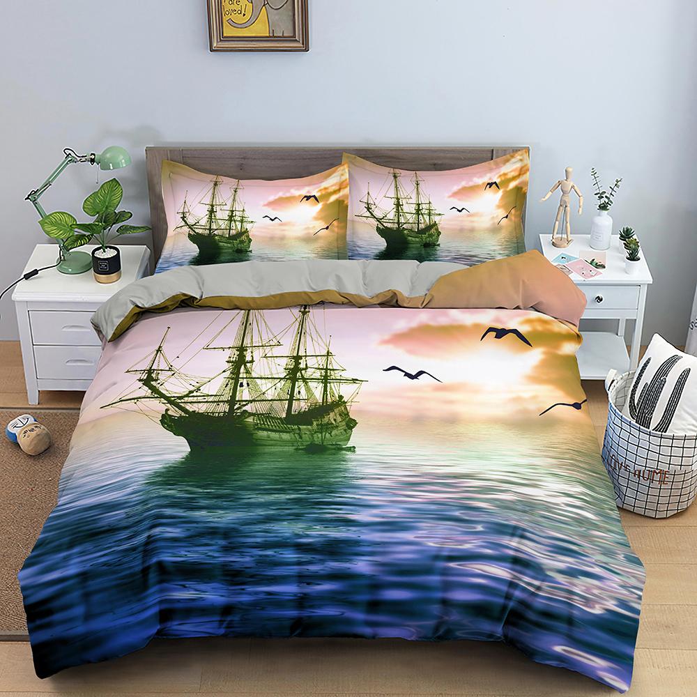 Nautisk Segelbåt Påslakan Queen King Size 3D Oljemålning Båtstil Sängkläder Set Ocean Mjuk 2/3 Delar Polyester Täcke Överdrag