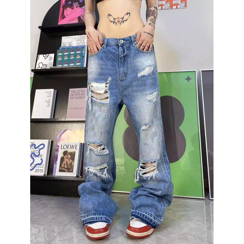 JYL Men s Flare Jeans High-Street Ripped American Heavy Vibe Floor-Length Denim S брансуик зеленый