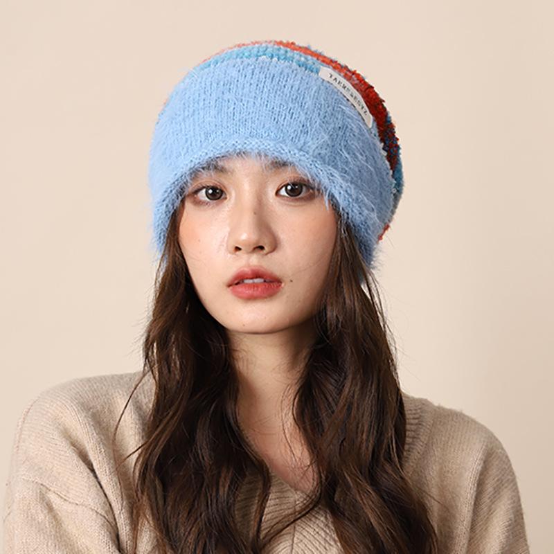 Maillard gradual change plush bag head knitted pile hat children show small face cold warm versatile wool hat One size синий