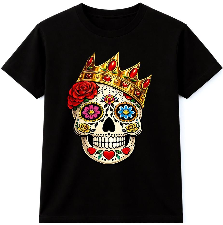 Sugar Skull Crown T-Shirt Day Of The Dead Gothic Floral Tattoo Graphic Tee S