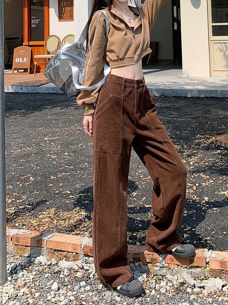 Pantaloni din Velur și Catifea côtelată Maro Retro Toamnă/Iarnă cu Crăpătură pe Picior Lărgit pentru Femei Înalte Talie Înaltă Colanți Lungi