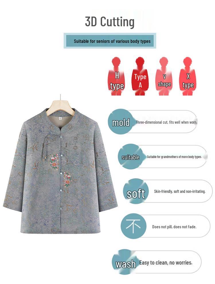 Chinese Style Summer Top for Middle-aged and Elderly Women - Lightweight Seven-Sleeve Grandma Shirt