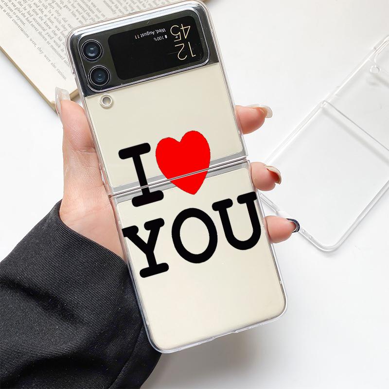 I Love You Pink Heart Fashion Phone Case For Samsung Galaxy Z Flip 3 4 5 6 7 Hard Folding Z Flip4 Clear PC Cover Protector Gift