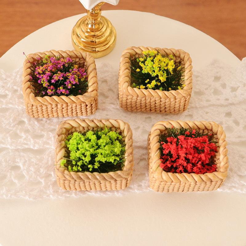 1:12 Dollhouse Miniature Bamboo Weaving Flower Basket Plant Ornament Mini Green Plant Pot Potted Garden Home Model Decor