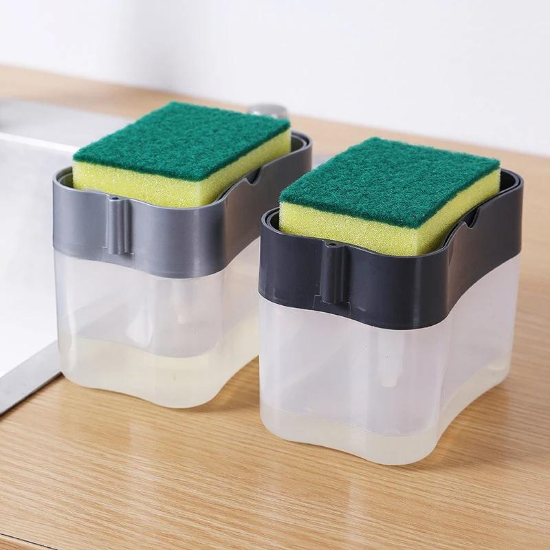 2 In 1 With Sponge Scrubbing Liquid Detergent Dispenser Press-type Liquid Soap Box Pump Organizer Kitchen Tool Bathroom Supplies