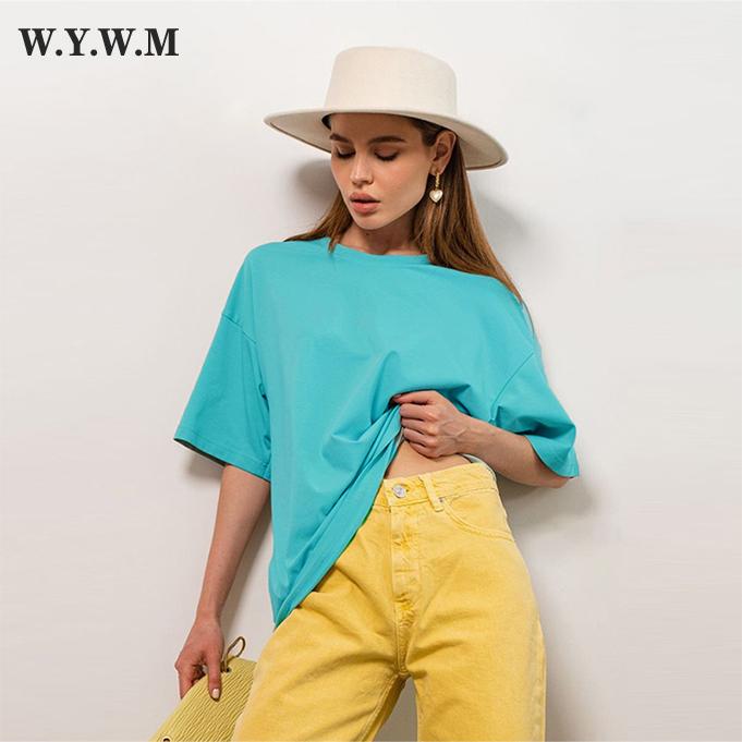 

WYWM летние хлопковые футболки с круглым вырезом, женские повседневные однотонные модные футболки большого размера, женские свободные мягкие элегантные белые топы с круглым вырезом