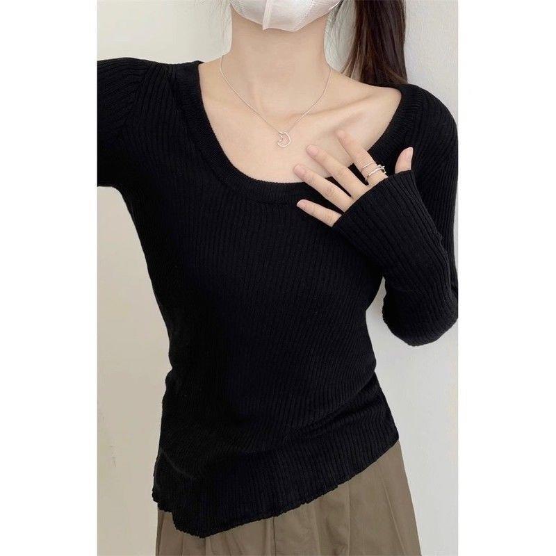 

Korean Chic Round Neck Knitted Clavicle Sweater for Women - Soft Ribbed Base Top for Autumn/Winter/Spring S 80-95 cm чорний