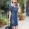 Women's Round Neck Short Sleeve Denim Shift Dress Loose Fit Mid Waist Casual Denim Dress