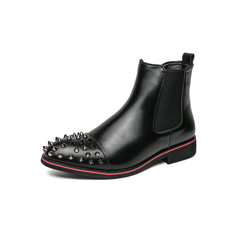 Men s Retro Pointed Toe Leather Chelsea Boots with Cross Strap Rivet Design 48