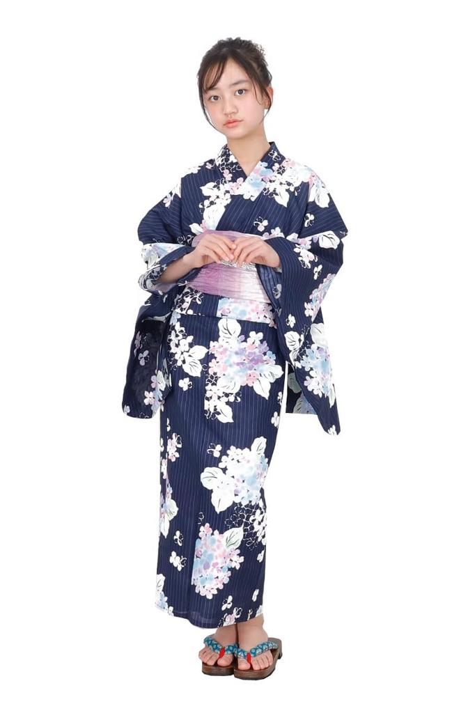 Kimono Hiroba Lovely Yukata Set with Variegated Sizes and Retro and Modern Navy Light and Yu Children's Girls' 4-Piece Weave, 130, 140, 150cm, Style,