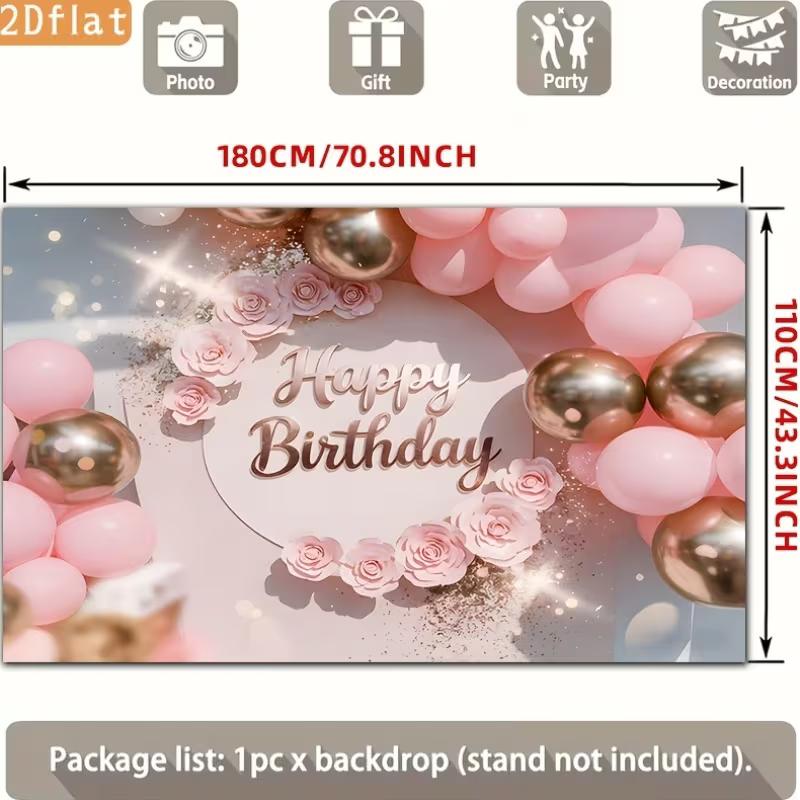 D Pink Floral Rose Gold Birthday Backdrop Glitter Balloon Themed Party Photography Background