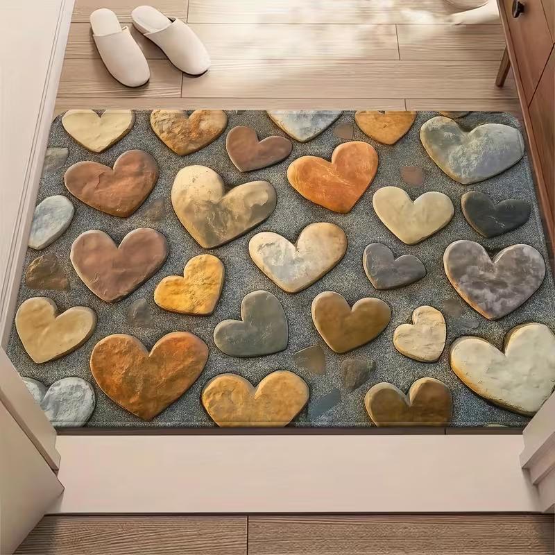 Multicolor Heart Plush Print Doormat Anti Slip Floor Mat Sweet Y2K Style Front Door Mat Indoor Entryway Rug