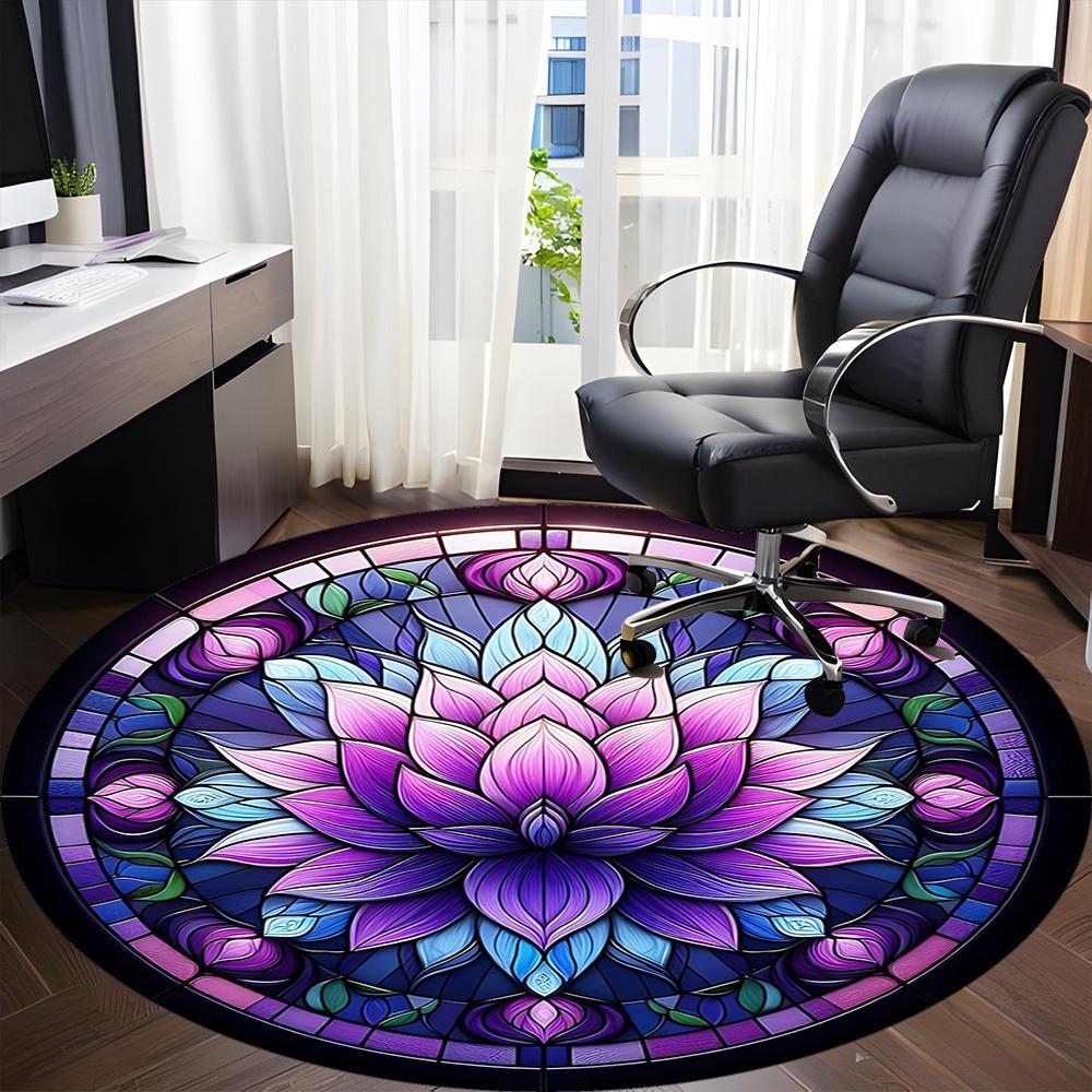 1pc Lotus StainedGlass Office Round Area Rug, Under Office Chairs Bedroom Living Room Home Decor, Room Deco