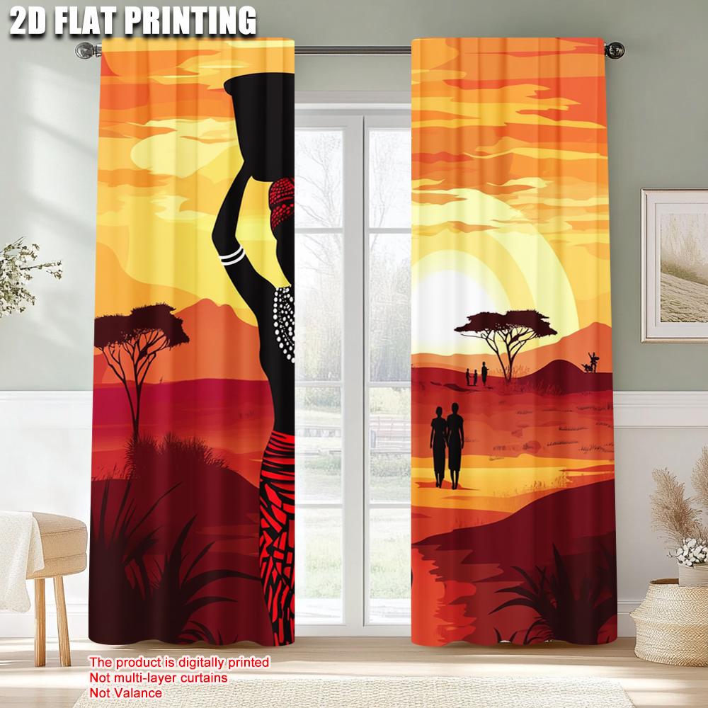 2pcs, Minimalist Curtains 2D print African Woman Fabric (without rod) Home Decor Use for Study, Living Room, Kitchen - Home