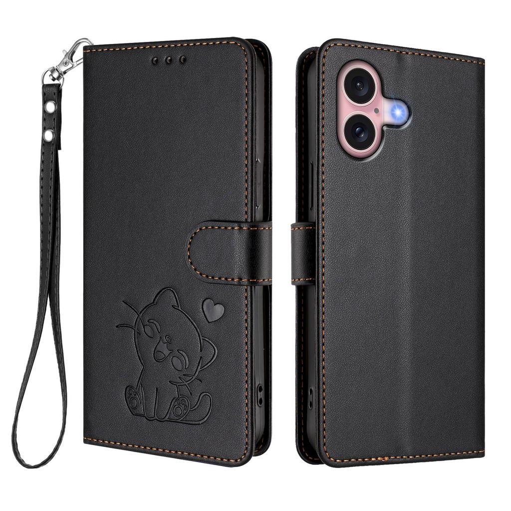 For iPhone 16 Wallet Case with Wrist Strap Love Cat Pattern Imprint Leather Phone Cover