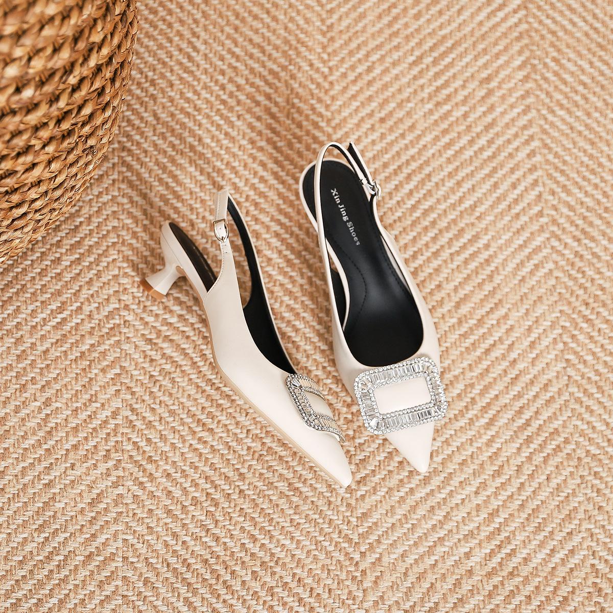 

198-1 туфли-лодочки с острым носком и полым каблуком сзади, женская обувь, новая французская металлическая обувь со стразами на тонком каблуке, женская обувь с мелким вырезом 40