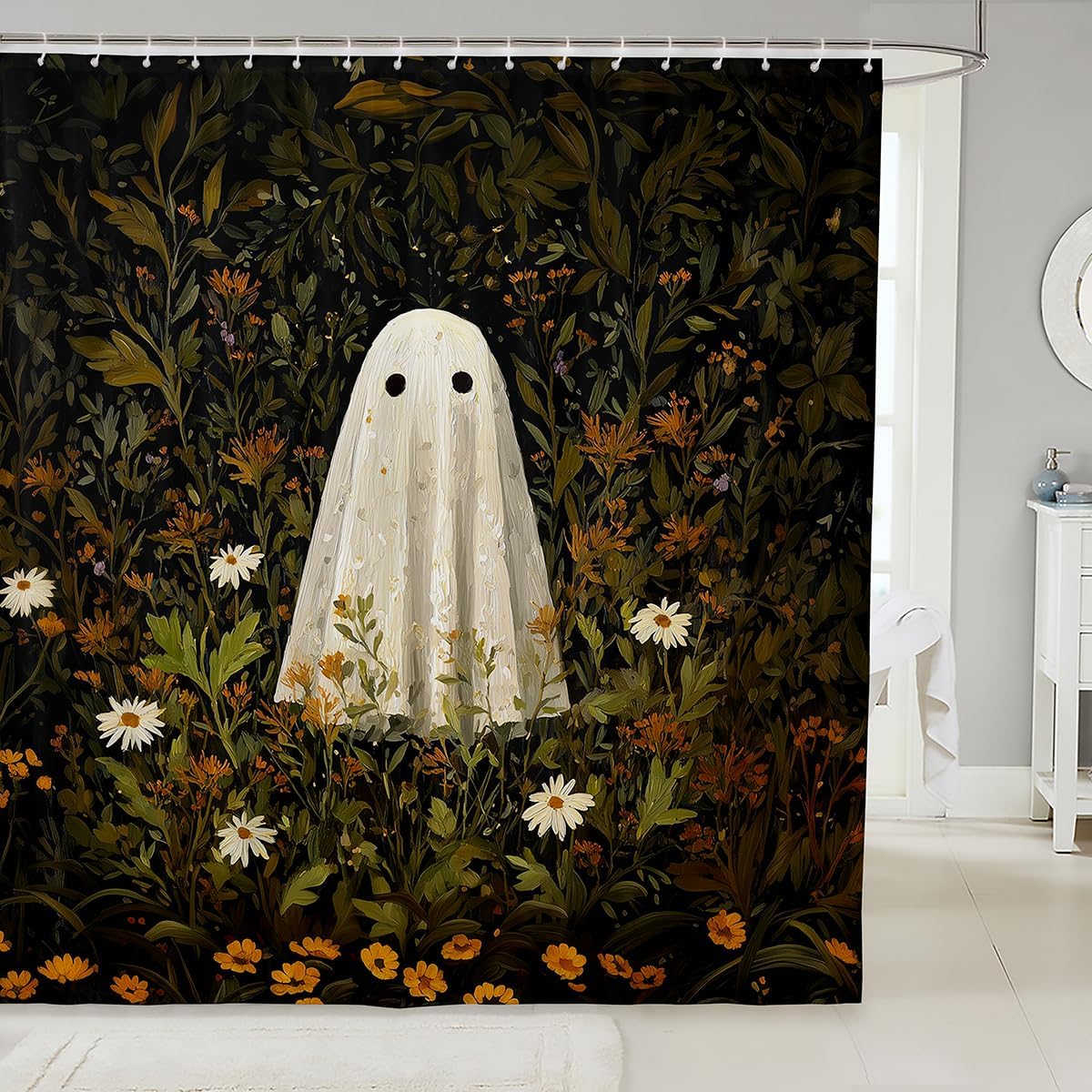 

Cute Ghost Fabric Shower Curtain, Pumpkin Lantern Shower Curtains For Bathroom Pet Little Cat Decor Halloween Bats Silhouette W60H190(CM)-1 Pcs