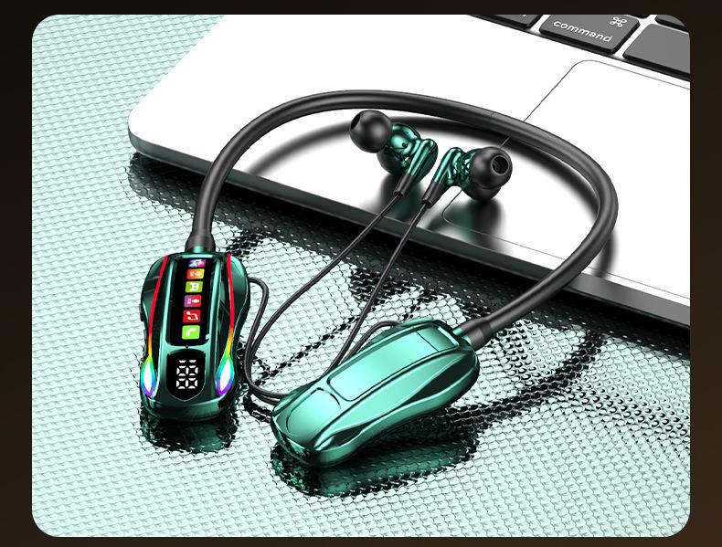 Wireless Neckband Bluetooth Headphones with Long Battery, Memory Card Slot, K-Song Ear Monitor, and HD Call Function.