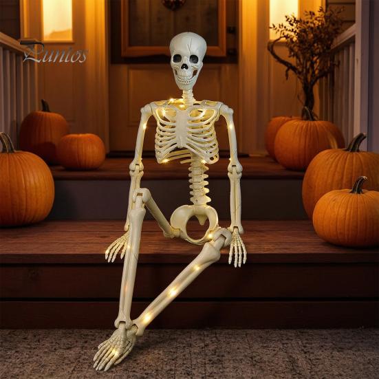 Cemetery Themed Landscaping 36 Inches LED Light Up Halloween Skeleton, 3FT Life Size Full Body Posable Skeleton Plastic Human Bones with Movable