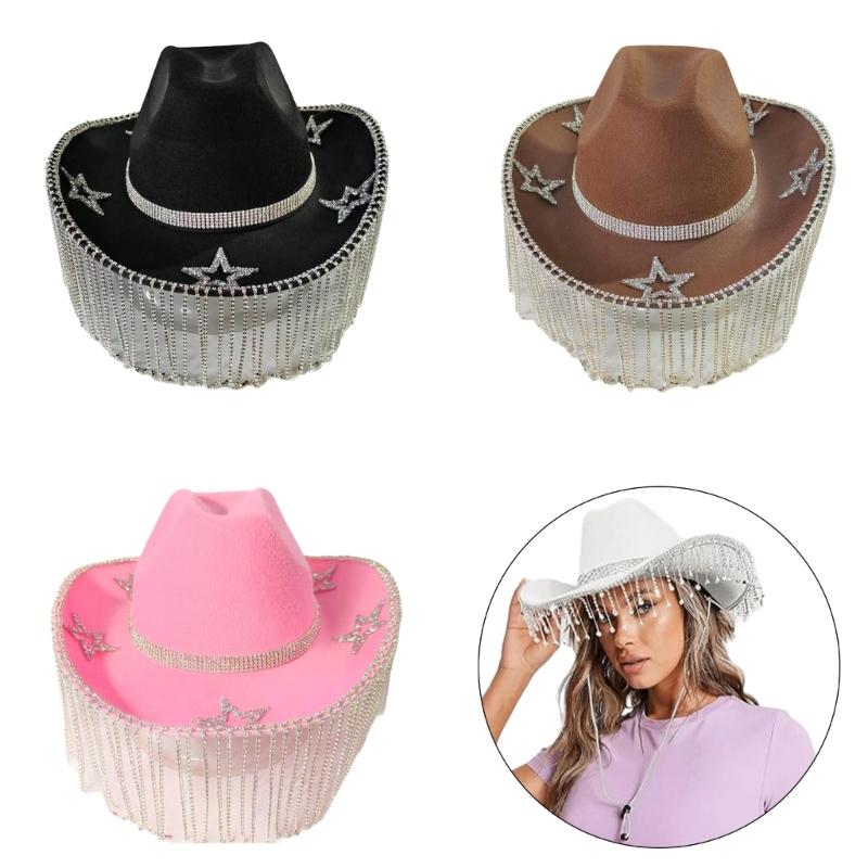 Fringed Rhinestones Cowboy Hat for Adult Women Bridal Shower Cowgirl Hat Masquerades Party Costume Hat Elegant Headpiece