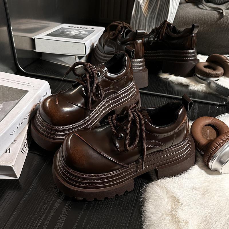 Fashionable Thick Soled Small Leather Shoes, Women's British Style Round Toe Lace Up Casual Small Height Increasing Loafers
