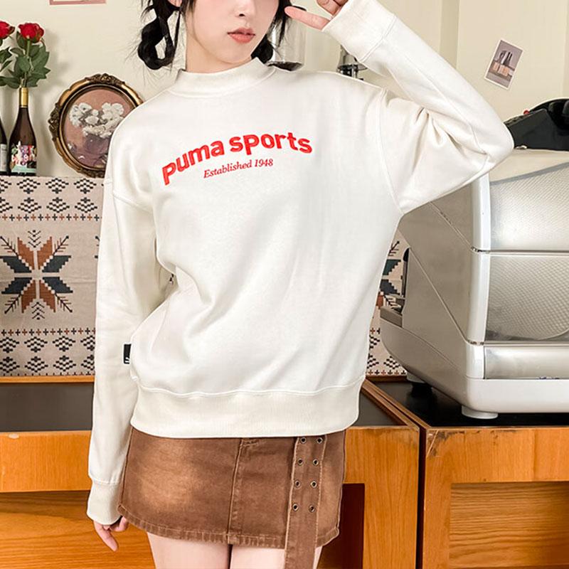 Puma Letter Embroidery Fleece Thick Round Neck Pullover Sweatshirt Women sweatshirt White 625305-65