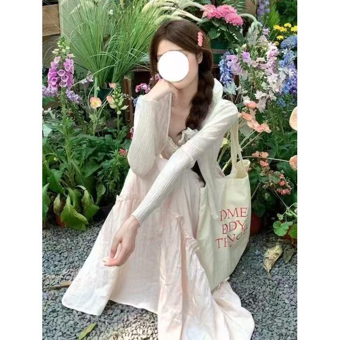 French lace splicing pink suspender dress summer vacation style gentle long dress niche super fairy simple young S