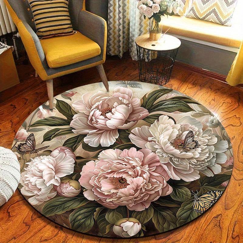 

Luxury Floral Round Carpet Soft Non-Slip Peony Print Decorative Doormat Aesthetic Butterfly Rug for Entryway Home Office Gift 60X60cm