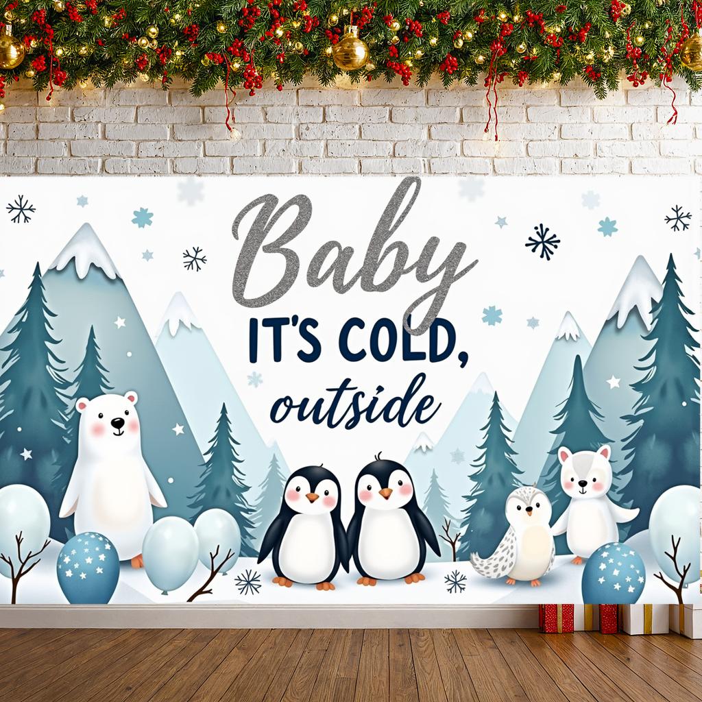 Winter Party Display Glitter Text Arctic Animals Backdrop Penguin Theme Backdrop Winter Forest Scene Winter  Banner
