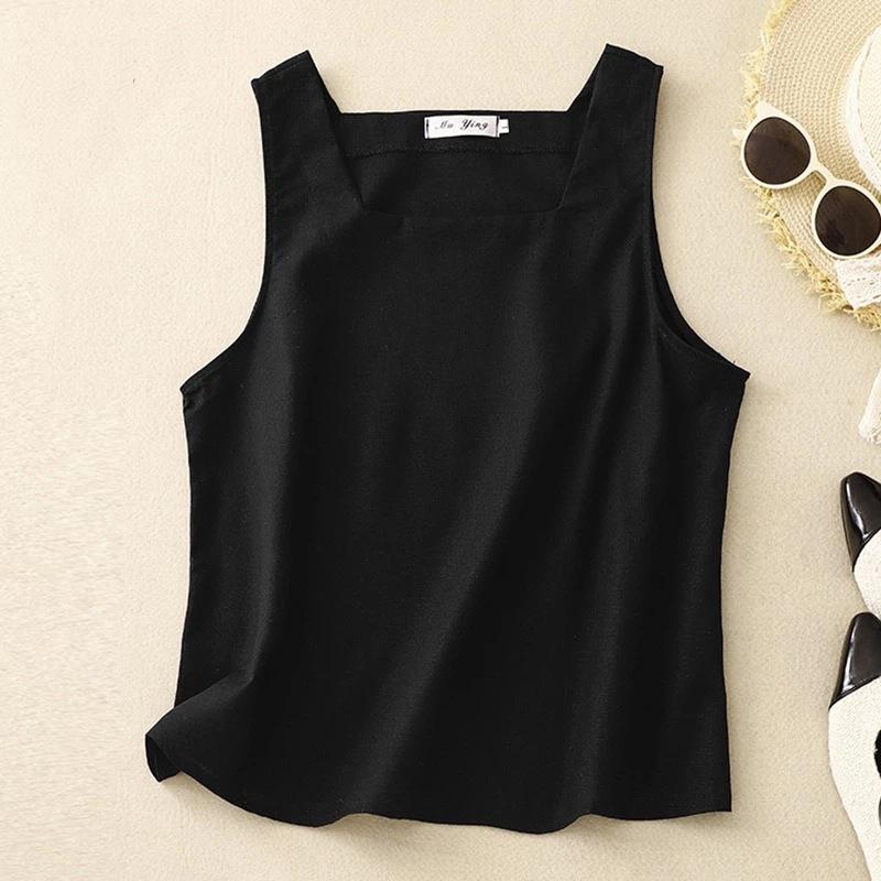 Women Square Neck Sleeveless Linen Cotton Blend Tank Top Camisole